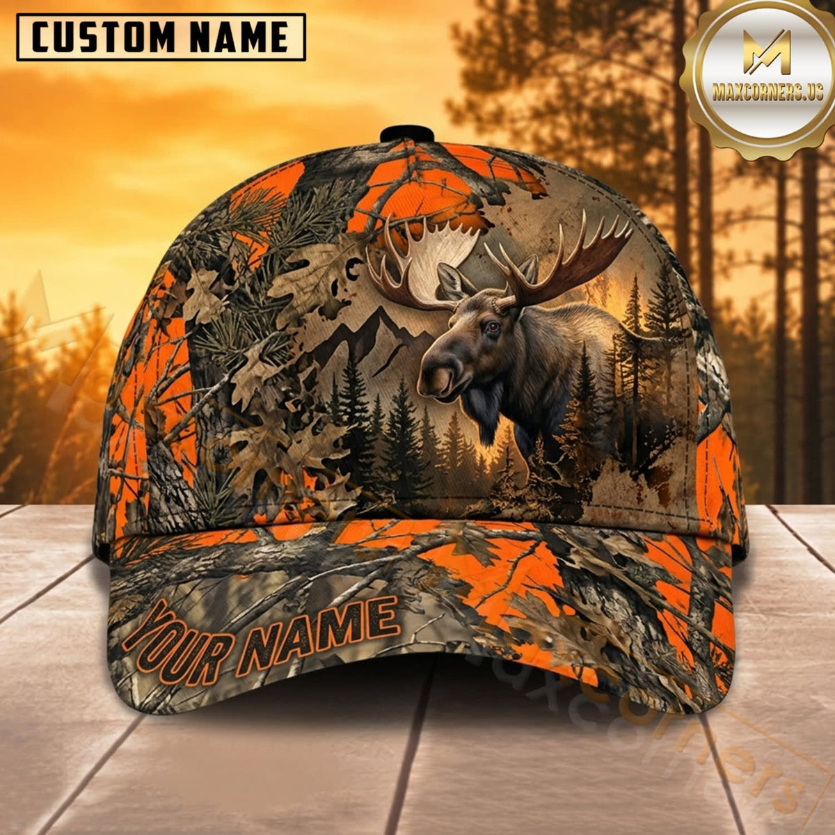 Maxcorners Moose Hunting Bull Moose Blaze Orange Autumn Forest Camo Customized Name 3D Cap