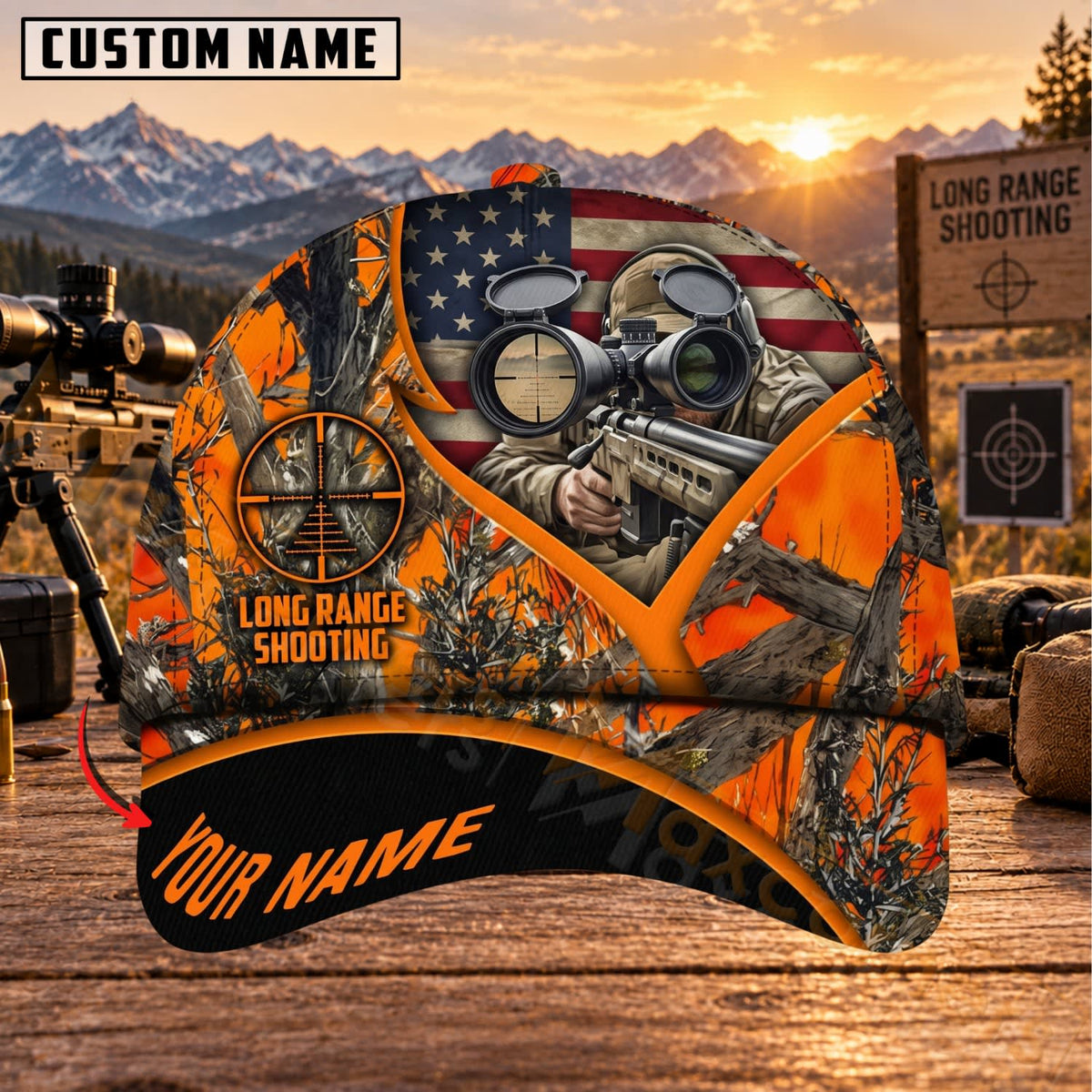 Maxcorners Long Range Shooting Blaze Orange Sniper Scope Camo Personalized Name 3D Cap