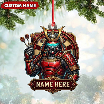 Maxcorners Darts Lover Armored Samurai Warrior Mascot, Holding Darts, Name Banner Personalized Name Ornament 2D Flat