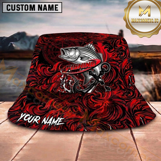 Maxcorners Fishing Epic Sunset Fishing Skull Design Personalized Name 3D Bucket Hat (13 Fish Species)