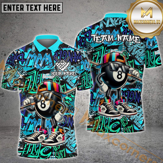 Maxcorners Graffiti Funny 8 Ball Billiard Pattern Multicolor Options Personalized Name, Team Name 3D Polo Shirt (4 Colors)