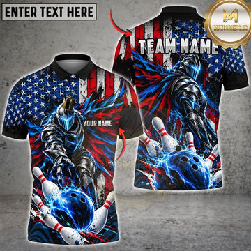 Maxcorners Bowling American Flag Cyber Armored Knight Strike Ball Flying Pins Graphic Customized Name, Team Name 3D Shirts