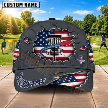 Maxcorners Disc Golf Flying Disc & Patriotic Basket Emblem Graphic Customized Name 3D Cap