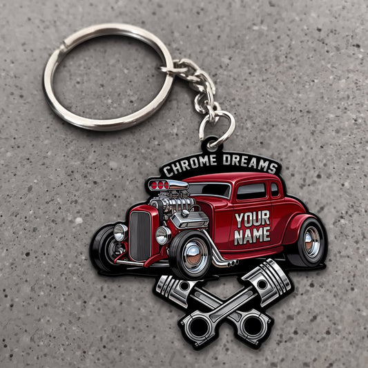Maxcorners Hot Rod Red Classic Roadster with Crossed Pistons and Chrome Dreams Badge Personalized Name 3D Keychain And Ornament