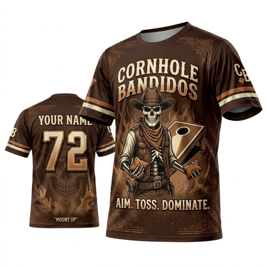 Maxcorners Cornhole Bandidos Brown Western Skull Personalized Name 3D Unisex Shirt