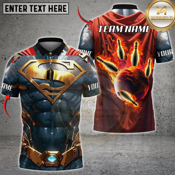 Maxcorners Bowling Blue Gold Metallic Armor Flaming Bowling Ball Personalized Name 3D Unisex Shirt