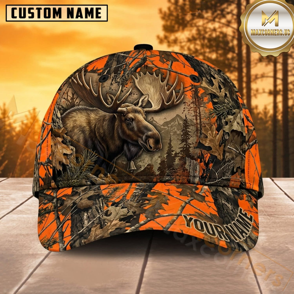 Maxcorners Moose Hunting Bull Moose Close Up Autumn Orange Woodland Camo Customized Name 3D Cap