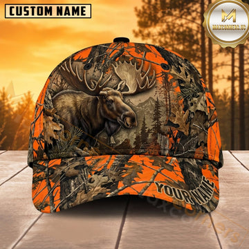 Maxcorners Moose Hunting Bull Moose Close Up Autumn Orange Woodland Camo Customized Name 3D Cap