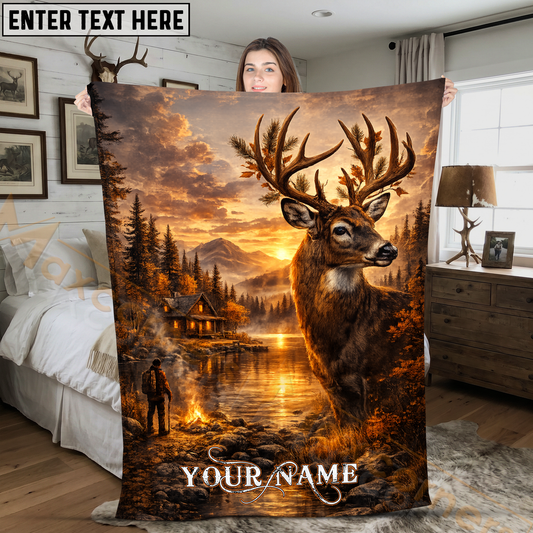 Maxcorners Rustic Deer Lake Cabin Sunset Landscape Personalized 3D Blanket