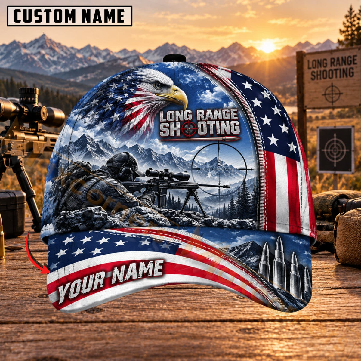 Maxcorners Long Range Shooting Bald Eagle Mountain American Flag Personalized Name 3D Cap