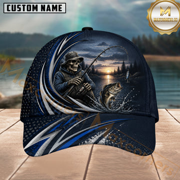 Maxcorners Fishing Skull Angler Dark Blue Bass Splash Personalized 3D Cap