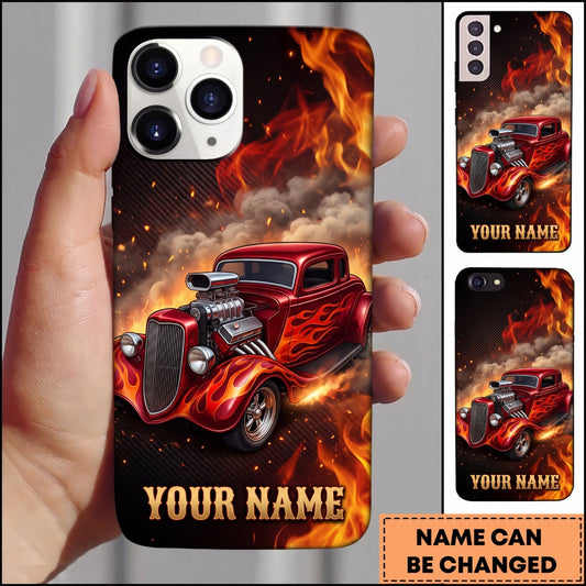 Maxcorners Hot Rod Red Vintage Car with Explosive Orange Flames and Black Smoke Personalized Name 3D Phone Case