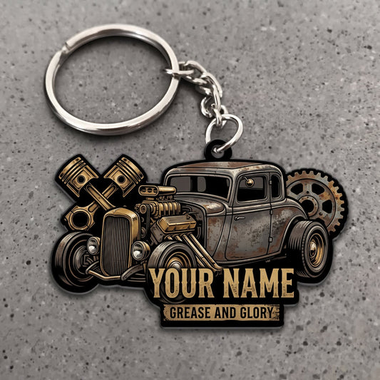 Maxcorners Hot Rod Rusty Brown Vintage Roadster with Golden Pistons and Garage Badge Personalized Name 3D Keychain And Ornament
