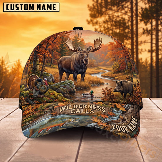 Maxcorners Moose Hunting Autumn River Wilderness Calls Personalized Name 3D Cap