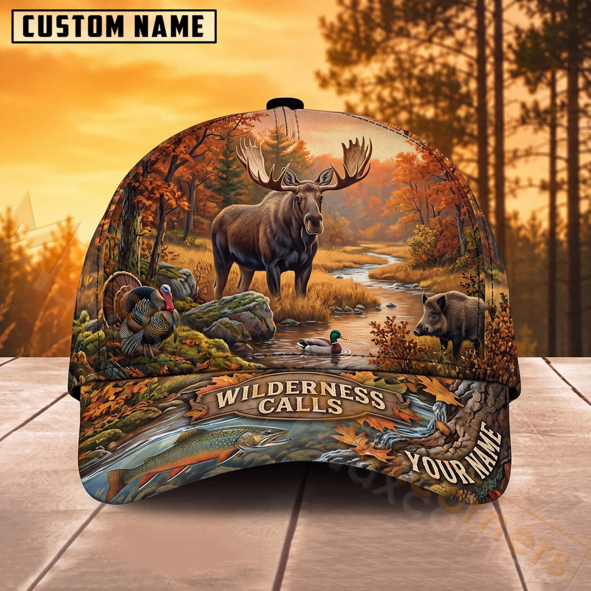Maxcorners Moose Hunting Autumn River Wilderness Calls Personalized Name 3D Cap