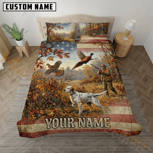 Maxcorners Pheasant Hunting American Flag Autumn Prairie Bedding Set 3D Print Custom Name