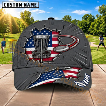Maxcorners Disc Golf Flying Disc & American Flag Dynamic Stripe Graphic Customized Name 3D Cap
