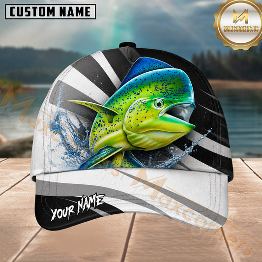 Maxcorners Fishing Mahi Mahi Black White Wave Personalized 3D Cap