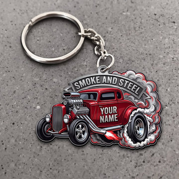 Maxcorners Hot Rod Red Classic Roadster with White Tire Smoke and Smoke and Steel Badge Personalized Name 3D Keychain And Ornament