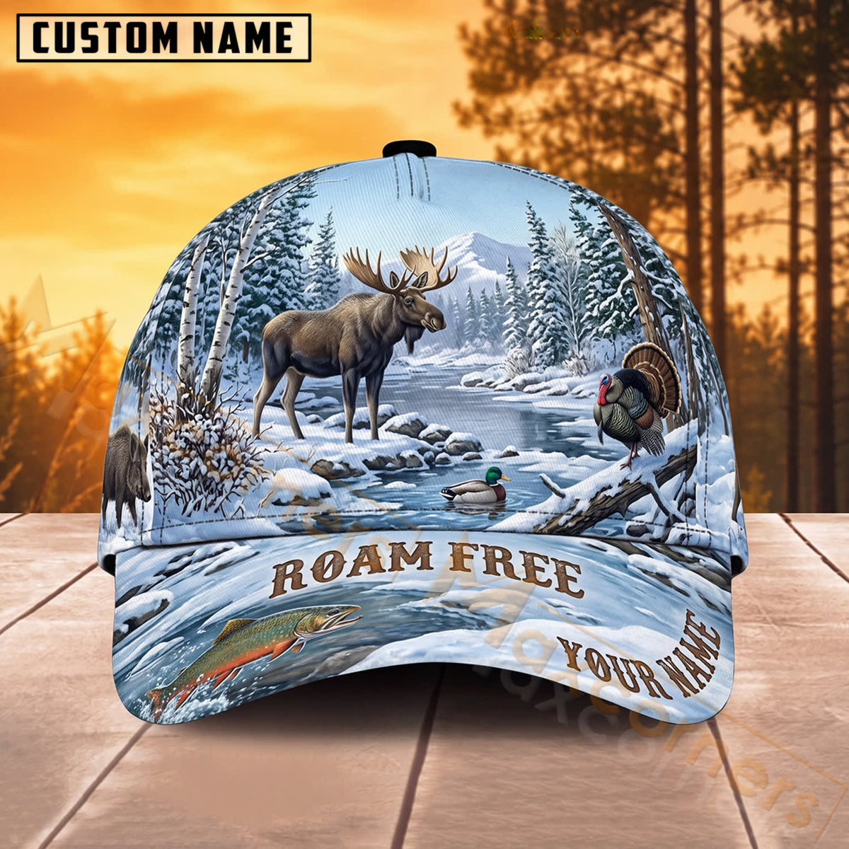 Maxcorners Moose Hunting Winter Snow Roam Free Personalized Name 3D Cap