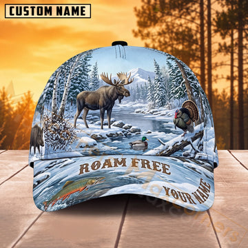 Maxcorners Moose Hunting Winter Snow Roam Free Personalized Name 3D Cap