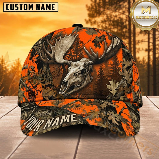 Maxcorners Moose Hunting Bull Moose Antler Skull and Orange Leaf Forest Camo Customized Name 3D Cap