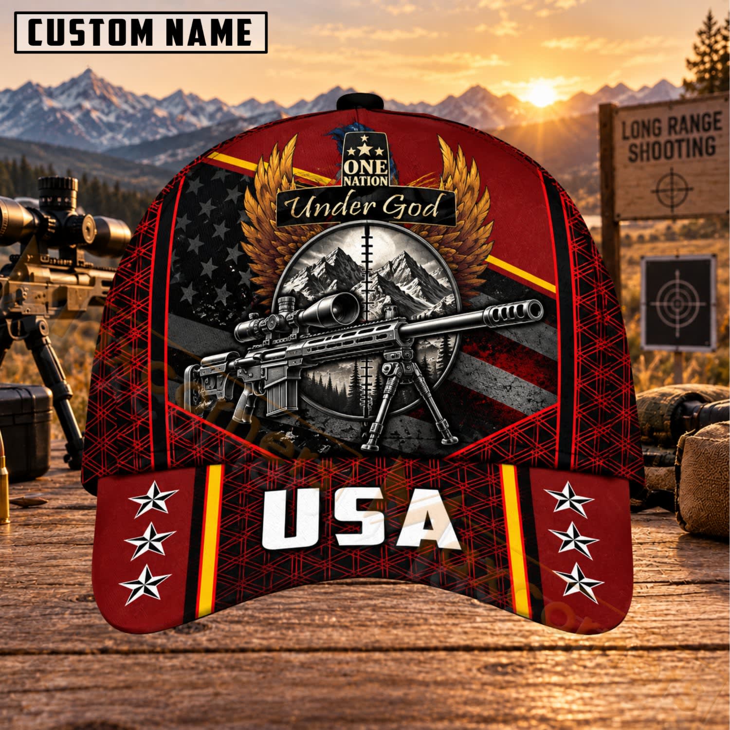 Maxcorners Long Range Shooting Under God USA Sniper Rifle Personalized Name 3D Cap