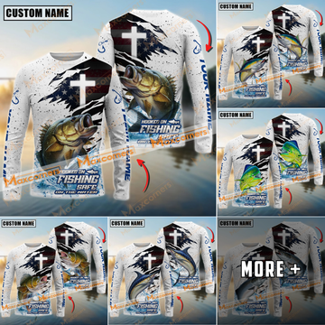 Maxcorners Fishing Hooked On Fishing, Safe On The Water Sport Jersey Cross Pattern Personalized Name, Team Name Long Sleeve Shirt (6 Fish Species)