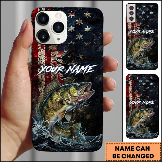Maxcorners Walleye Fishing Phone Case  Vintage USA Flag Grunge Wave Art Personalized Name Phone Case