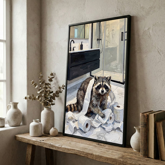 Maxcorners Funny Raccoon Bathroom Mess with Toilet Paper Canvas Wall Art