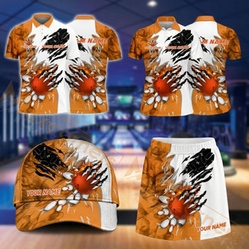 Maxcorners Bowling Orange Black Paint Splash Design Personalized Team Sportswear Set - Polo Shirt, Cap & Skorts