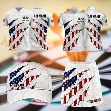 Maxcorners Darts Red White Blue Patriotic Design Personalized Team Sportswear Set - Polo Shirt, Cap & Skorts