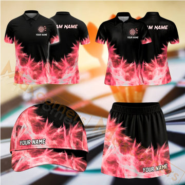 Maxcorners Darts Flame Dartboard Design Personalized Team Sportswear Set - Polo Shirt, Cap & Skorts