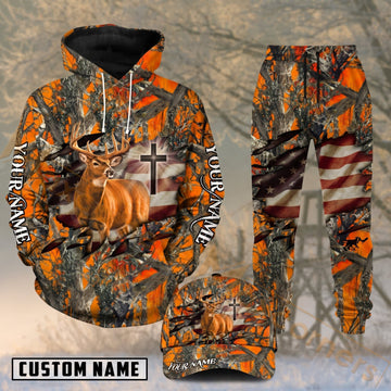 Maxcorners Hunting Whitetail Buck Blaze Orange American Flag Camo Personalized 3D Combo Hoodie, Sweatpants Set & Cap