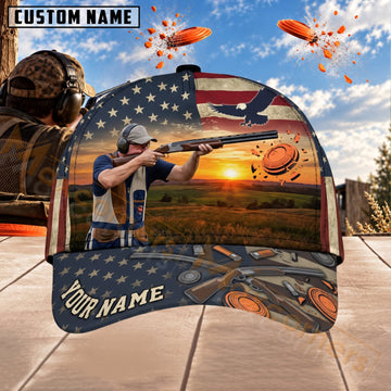 Maxcorners Trap & Skeet Shooting Patriotic Flag  Sunset Shooter Personalized Name 3D Cap