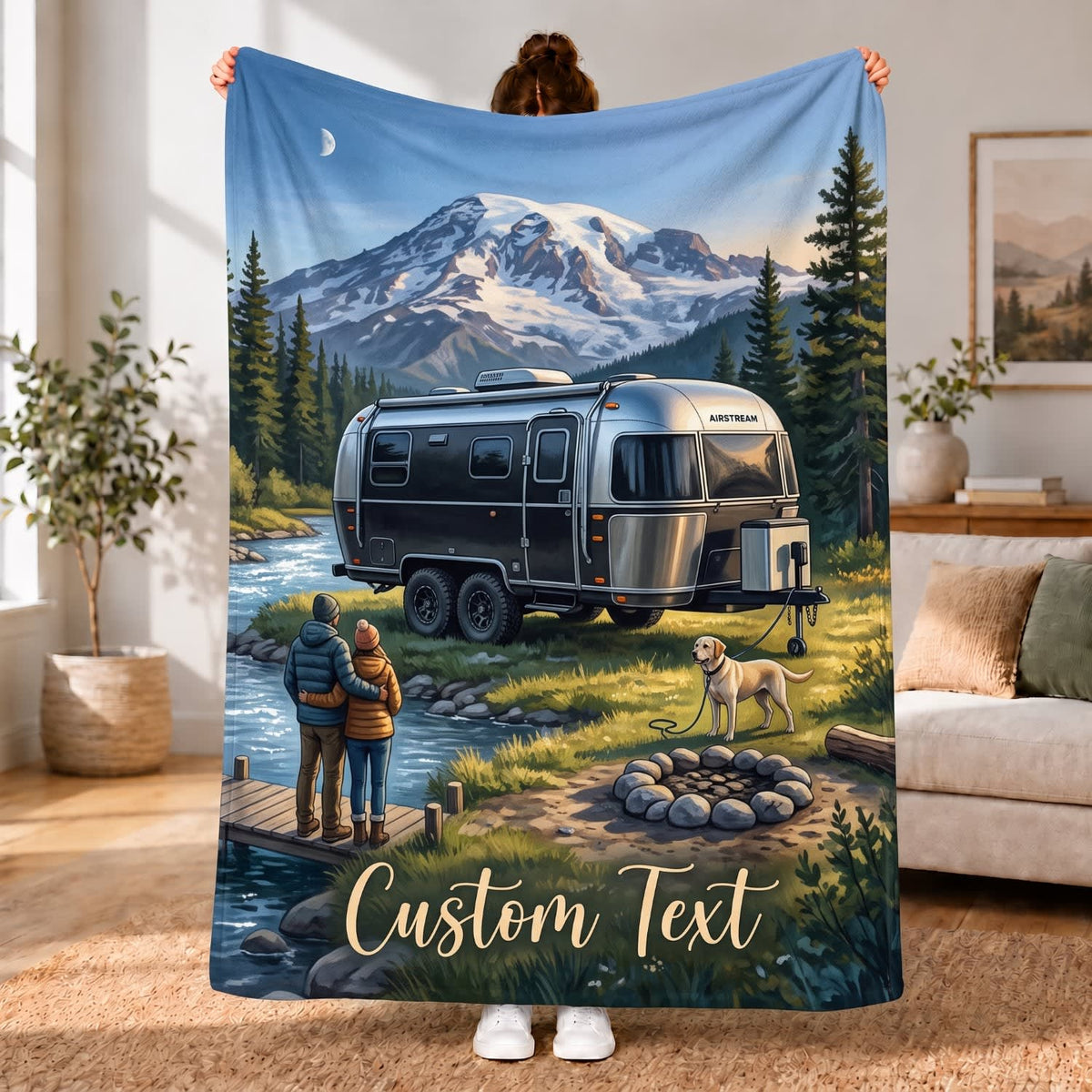 Maxcorners RVs Travel Trailer Snowy Mountain Lake Custom Name 3D Blanket