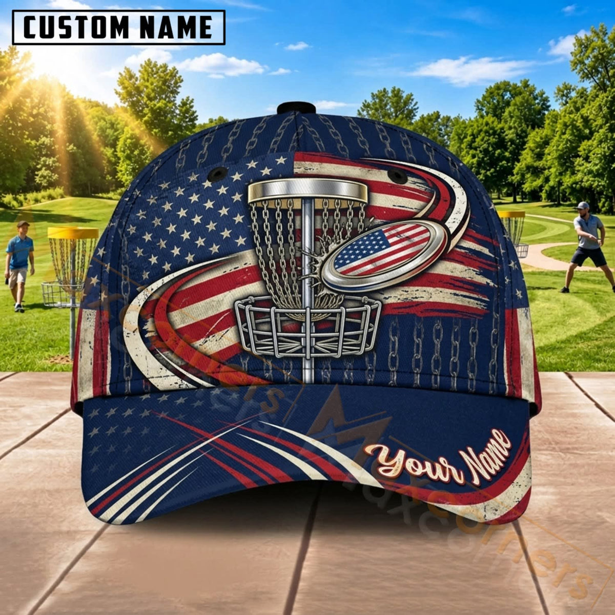 Maxcorners Disc Golf American Flag Red Flying Disc Basket Personalized Name 3D Cap