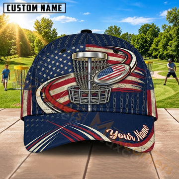 Maxcorners Disc Golf American Flag Red Flying Disc Basket Personalized Name 3D Cap