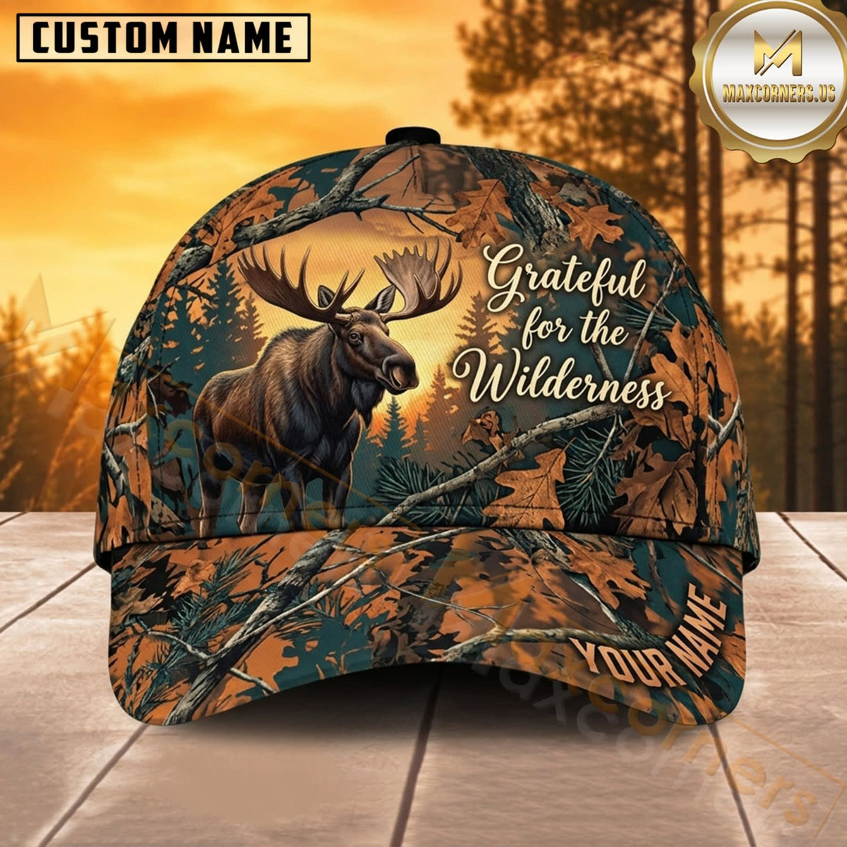 Maxcorners Moose Hunting Bull Moose Grateful for the Wilderness Orange Leaf Camo Customized Name 3D Cap