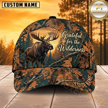 Maxcorners Moose Hunting Bull Moose Grateful for the Wilderness Orange Leaf Camo Customized Name 3D Cap