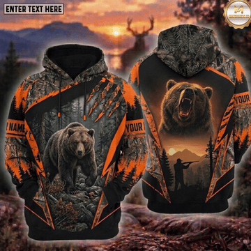 Maxcorners Bear Hunting Grizzly Bear Claw Marks Roaring Bear Mountain Hunter Blaze Orange Camo Hoodie Personalized Your Name 3D Hoodie