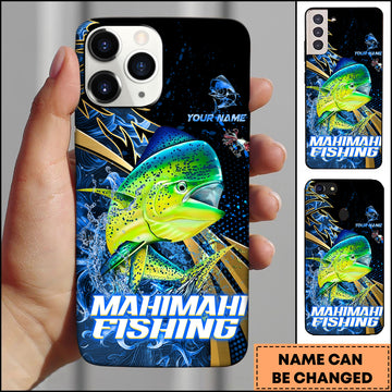 Maxcorners Mahi-mahi Splash Water Lightning Stripe Dark Blue Art Golden Line  Personalized Name Phone Case