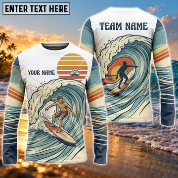 Maxcorners Surfing Retro Ocean Wave Art Customized Name, Team Name 3D Long Sleeve Shirt