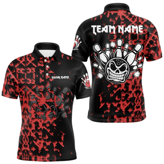Maxcorners Black and Red Camo Funny Skull Bowling Polo, Quarter Zip Shirt for Men Custom Bowling Team Jersey LM2404