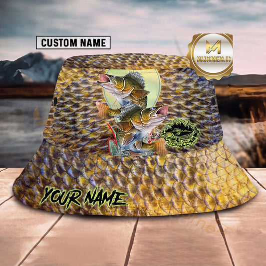 Maxcorners Fishing Vintage Olive Double Catch Graphic Personalized 3D Bucket Hat (13 Fish Species)