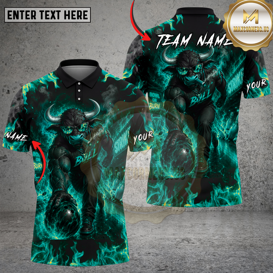 Maxcorners Bowling Polo Shirt Flaming Bull Bowler Art Multicolor Options Personalized Name, Team Name 3D Shirt (4 Colors)