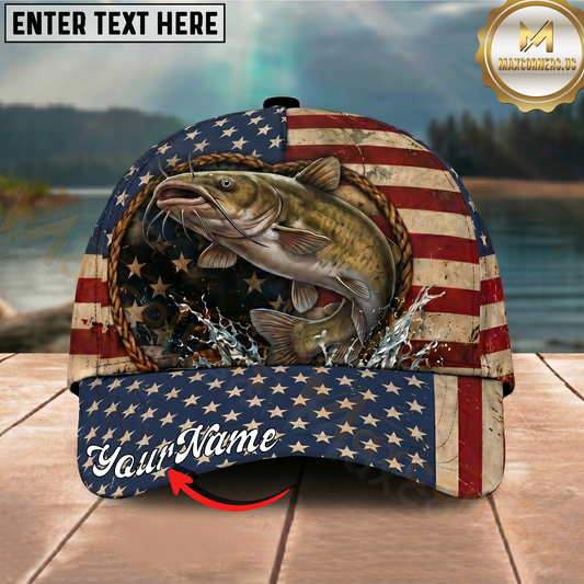 Maxcorners Fishing Vintage American Flag Stars Pattern Personalized 3D Cap (12 Fish Species)