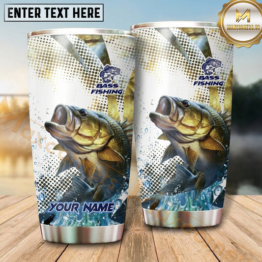 Maxcorners Fishing Tumbler White Blue Halftone Splash Design Personalized Name Tumbler (13 Species)