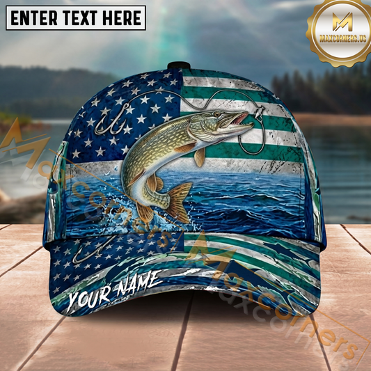 Maxcorners Fishing Vintage Blue Green American Flag Personalized Name 3D Cap (12 Fish Species)