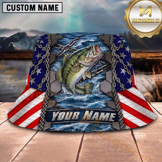 Maxcorners Fishing Blue Wave Fishing Scene with Bold Graphic Personalized Name 3D Bucket Hat (13 Fish Species)